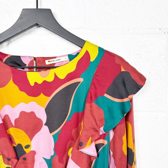 Marine Layer Top Floral Ruffle Smocked Hem Blouse Size Large - Picture 7 of 11